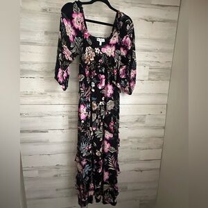 Floral Maxi Dress with Pink and Black Design